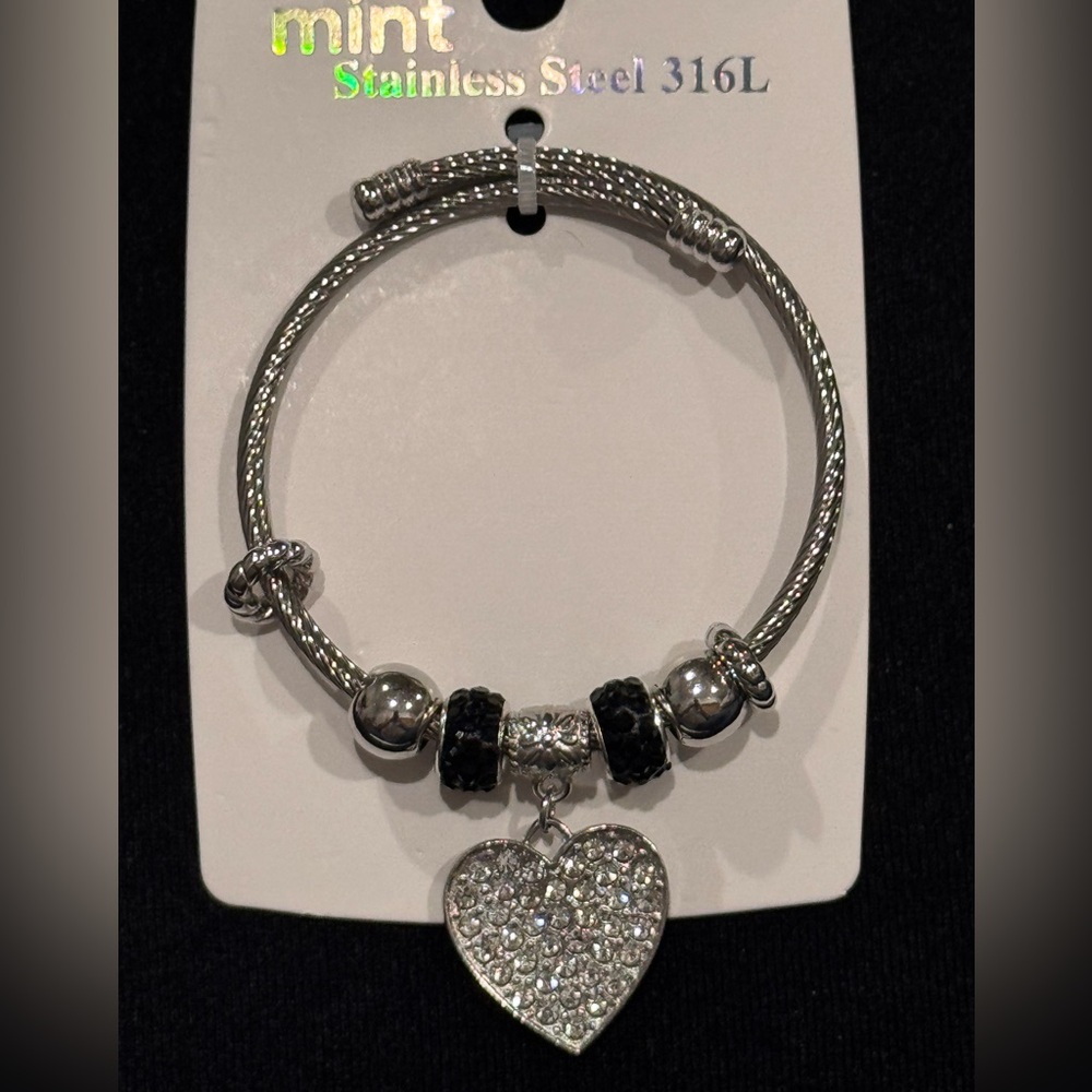 Mint Silver Stainless Steel Adjustable Bracelet Heart Charm and Black Accents - Picture 2 of 6